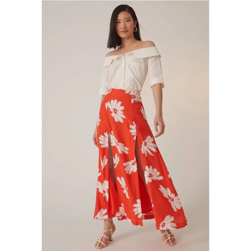 NEW Maeve Anthropologie Red Floral Midi Maxi Skirt with leg slits size 12